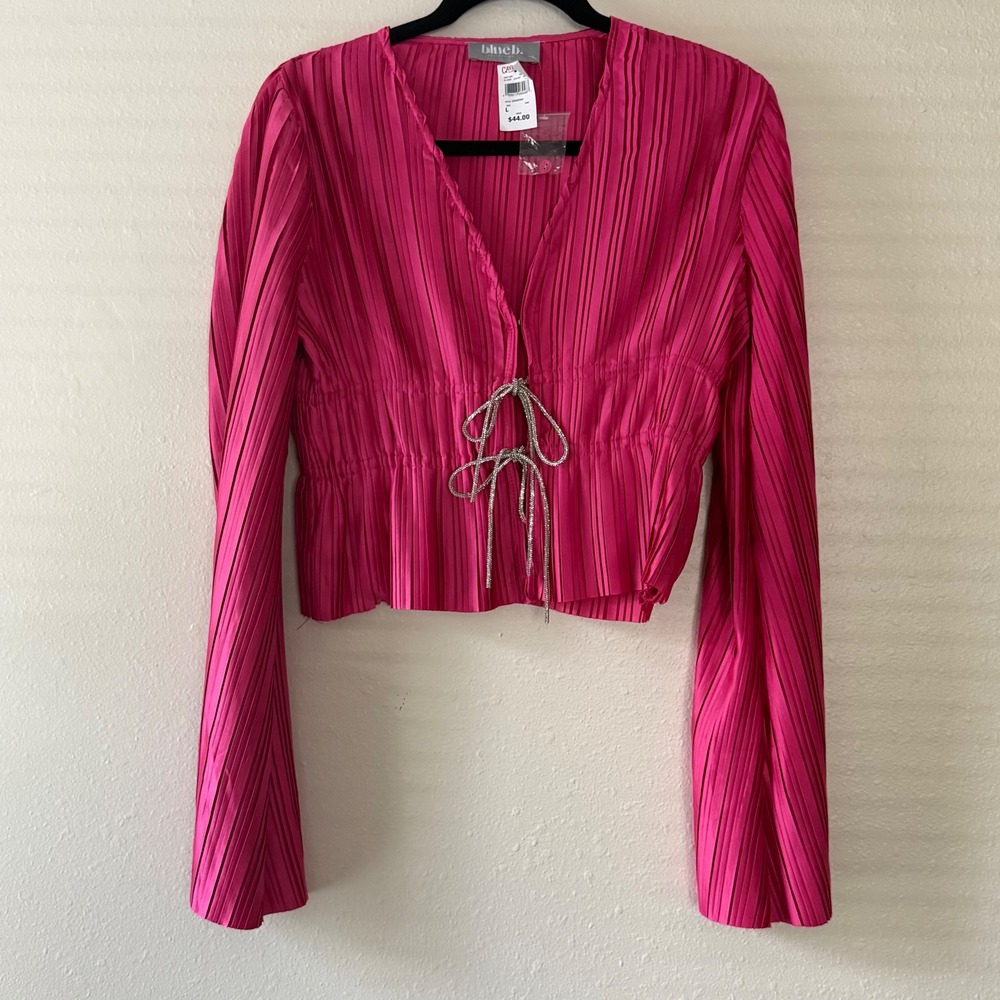 Blueb. Collection Pink Pleated Rhinestone Bow Blouse 22556THP LARGE CAVENDERS